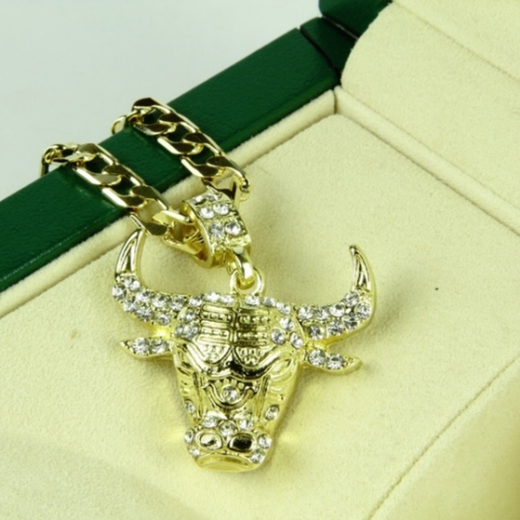 Mens "Alex" 14k Gold Plated Iced Out Bull Necklace - Picture 3 of 4